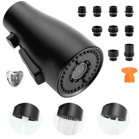 Metal Kitchen Faucet Head Replacement: 3-Function Pull Down Spray Nozzle with 9 Adapters, Sink Sprayer Replacement Compatible with Moen, Delta, American Standard Faucets, Matte Black