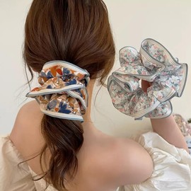 AsggBah 4pcs Large Hair Scrunchies Oversize Hair Elastics Bands Floral Hair Scrunchie Elastic Rubber Bands Retro Oil Painting Satin Hair Ties for Women Girls Thick Hair