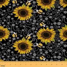 Feelyou Sunflower Fabric by The Yard, Cute Bees Floral Upholstery Fabric, Yellow Flower Daisy Botanical Bee Decorative Fabric for Upholstery and Home DIY Projects, 1 Yard, White Black