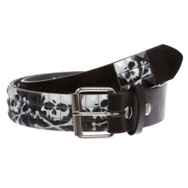 Snap On 1 1/2" Skull & Cross Bone Printed Punk Rock Studded Belt, Black | M - 35"