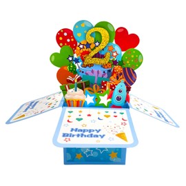 ZYOOO Happy 2nd Birthday 3D Card,Pop Up 2-Years-Old Card,Second Birthday Card for Baby Boy,Son,Grandson,Nephew with 1 Envelop,1 Message Card(Blue)
