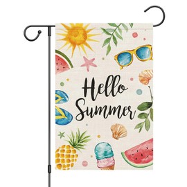 Wodison Hello Summer Garden Flag 12x18 Inch Double Sided Vertical, Small Burlap Colorful Sun Ice Cream Fruits Beach Sign Yard Outdoor Decoration