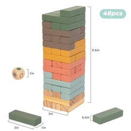 Wooden Blocks Stacking Games, 48PCS Tumbling Stacking Blocks Game for Kids and Families, Wood Colorful Balancing Blocks Montessori Toys for Kids