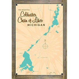 Northwest Art Mall Coldwater Chain of Lakes Michigan Map Metal Print on Reclaimed Barn Wood by Lakebound 12" x 18"