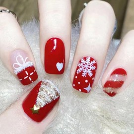 24Pcs Christmas Press on Nails Short Square Nails Christmas Gift Snowflakes Fake Nails with Glue Red Christmas Tree Stripe Acrylic Nails Design Winter Xmas False Nails Stick on Nails for Women Girls