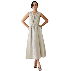 CHICWISH Women V Neck Sleeveless Midi Long Dress Casual Button Beach Summer Vacation Linen Midi Dress with Side Pockets
