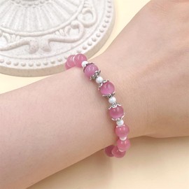 JunyiDIY Adjustable Cat's Eye Stone Bracelet - 8mm Pink Crystal Gemstone Beads with 4mm Glass Round Beads - Fashion Jewelry for Daughter Lover Her - Love Luck Charm