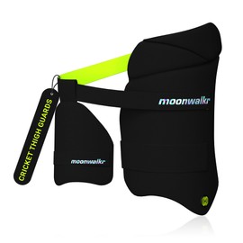 moonwalkr Cricket Thigh Guards 2.0 Lightweight Cricket Guard & Equipment Unisex Thigh Pads for Batter's Height (5'9"-6'2") Safeguarding Both Your Outer and Inner Thighs Black (Large, Right Hand).