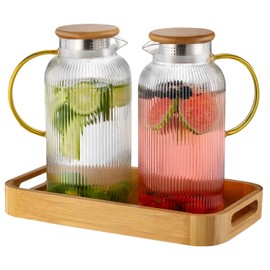 Buaic Glass Pitcher with Lid, 2 PACK 68 oz/2 Liter Vertical Water Pitcher With Serving Tray, Clear Borosilicate Glass Water Carafe for Cold Brew, Coffee, Lemonade, Iced Sun Tea,Beverage,Heat Resistant