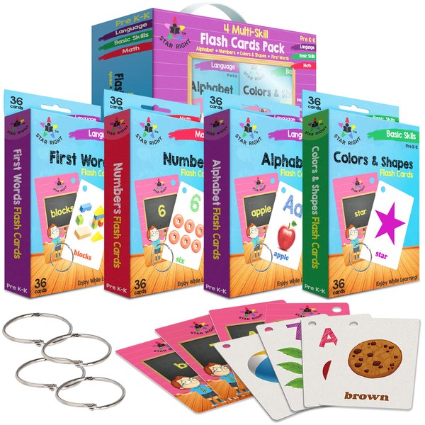 Star Right Flash Cards Set of 4 - Numbers, Alphabets, First Words, Colors & Shapes - Value Pack Flash Cards with Rings for Pre K - K
