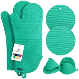 Rorecay Extra Long Oven Mitts and Pot Holders Sets: Heat Resistant Silicone Oven Mittens with Mini Oven Gloves and Hot Pads Potholders for Kitchen Baking Cooking, Quilted Liner, Pack of 6 (Jungle)