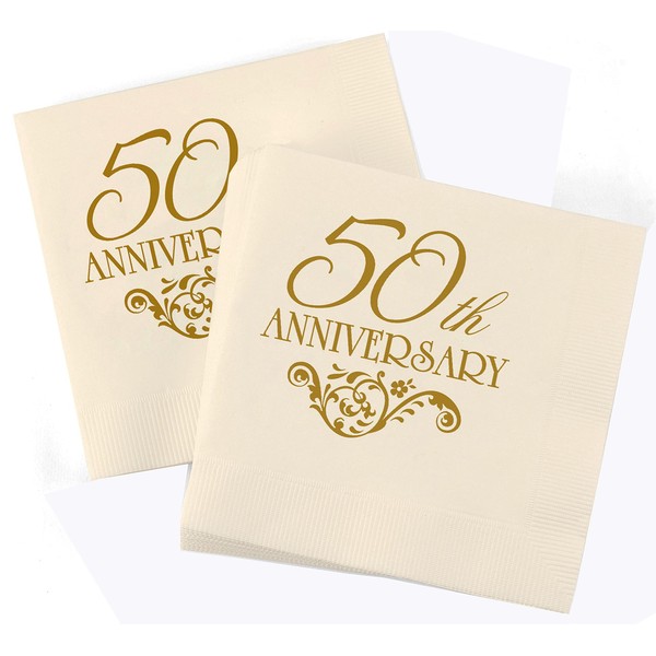 Hortense B. Hewitt Paper Anniversary Napkins 50-Count, Printed Ecru/Gold, 4.75-Inch