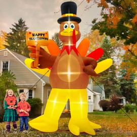 12FT Inflatable Turkey, LED Lighted Turkey Holding Happy Thanksgiving Sign for Fall Autumn Outdoor Yard Lawn Harvest Decor