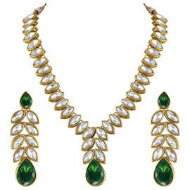 Aheli Indian Traditional Bollywood Kundan Maang Tikka Earrings Necklace Set Ethnic Jewelry Gift for Women Green Green White Crystal Studded