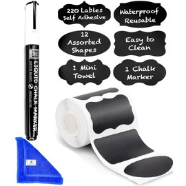Chalkboard Labels Roll for Jars 220pcs - Waterproof Reusable Chalk Sticker Labels for Containers Storage Jars in 12 Unique Shapes - Includes Erasable Liquid Chalk Marker & Mini Towel