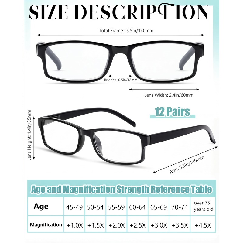 Kanayu 12 Pack Reading Glasses Bulk, 1.5 X Traditional Reading