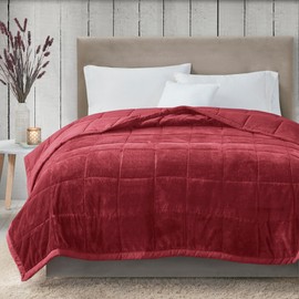 Madison Park Queen Cozy Blanket HeiQ Smart Temperature Plush to Microfiber Reverse Box Quilting, Reversible, Soft All Season, Lightweight Summer Cover, for Bed, Couch and Sofa, Full/Queen, Burgundy