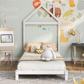 Bed Frame, Twin Size Wood Platform Bed with House-Shaped Headboard,Solid Wood Twin Bed Frame with Slat Support, No Box Spring Needed, Wooden Bed Frames for Bedroom, Easy Assembly (White)