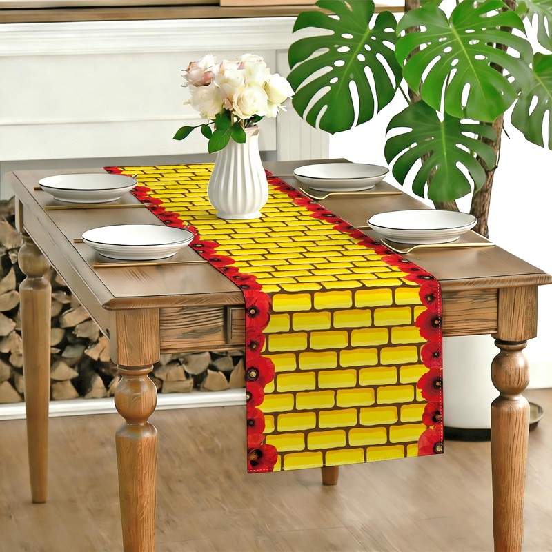 Yellow Brick Road Table Runner Brick Stone Wall Red Flower