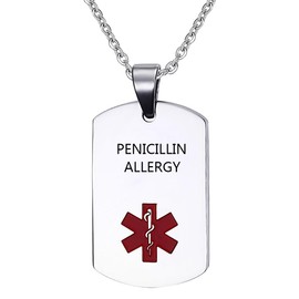 OutstandLong Medical Alert ID PENICILLIN Allergy Necklace Pendant for Men Women Stainless Steel Medical ID Tag Emergency Med Alert Necklace Jewelry