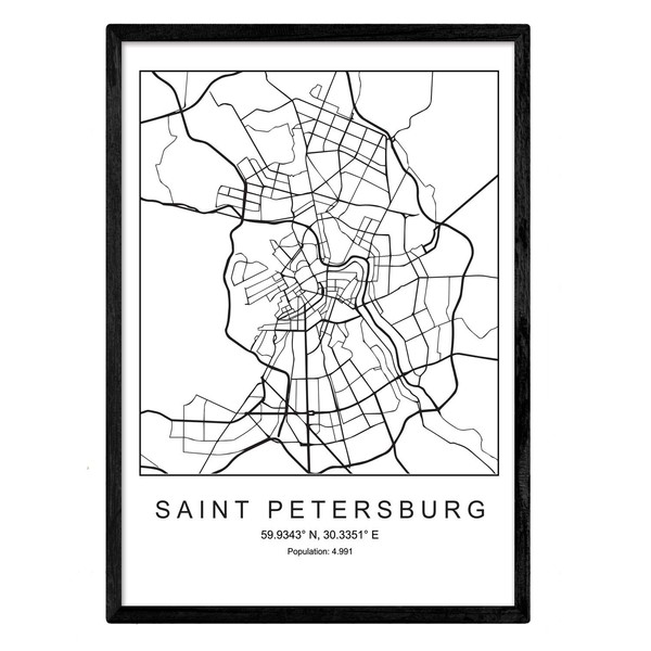 Nacnic Print map of Saint Petersburg Scandinavian style in black