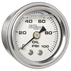 GlowShift Liquid Filled Mechanical 100 PSI Oil Pressure Gauge - White Dial - Waterproof - 1/8-27 NPT Thread - 1-1/2" (38mm) Diameter