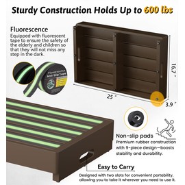 Homerays One Step Stool for Elderly,Bamboo High Riser Step Stool for Bed with Fluorescent Function No Assembly Required - 550 Lbs Wooden Mobility Stepping Stool for Bedside,Bathroom,Garden (Brown)