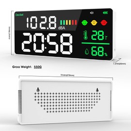 Decibel Meter Wall Hanging Sound Level Meter 11in Large LED Display +Time + Humidity + Temperature; 4 in 1 Decibel Meter 30-130dB Rang DB Meter & SPL Meter Wide Applications for Home, Studio