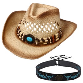 JewelryWe Cowboyhut Strohhut für Damen Herren: Farbverlauf Khaki Westernhut Sommerhut Sonnenhut mit Türkis Perlenband Atmungsaktiv Cowboy Cowgirl Hut Krempe Stroh Panamahut mit Verziertem Hutband