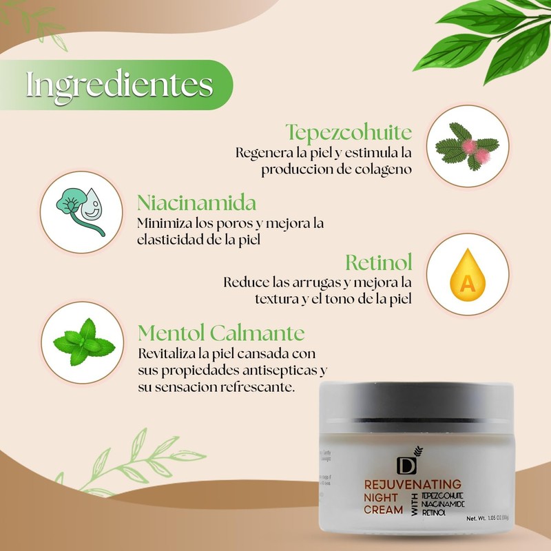Crema rejuvenecedora de noche con tepezcohuite, retinol, y niacinamida -