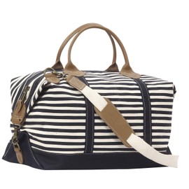 Tag&Crew Weekender Canvas Travel Duffle Signature Stripes Bag with Sturdy Leather Handles Metal Accessories Adjustable Removable Shoulder Strap Designed for Overnight Business Trips Vacations - Navy