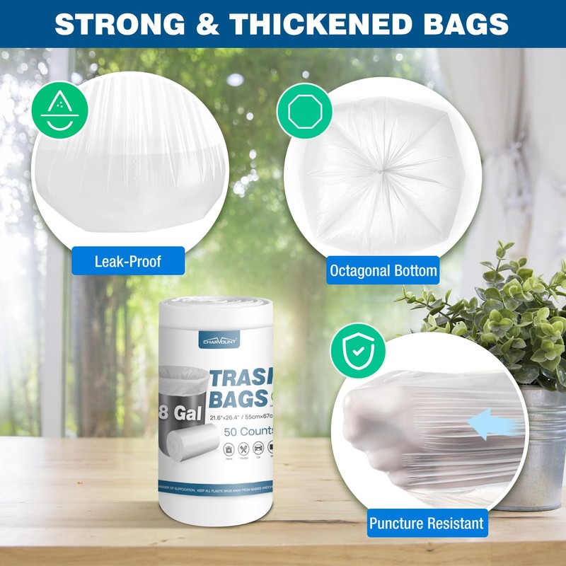 Charmount 8 Gallon Trash Bags, 50 Count Medium Garbage Bags