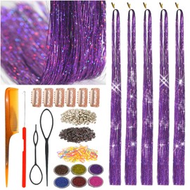 CelineBella Purple Tinsel hair Heat Resistant Fairy Hair Tinsel Extensions 48 Inch 5 PCs Very Cute Easy to Use for Kids Girls(48 Inch Pack of 5Pcs, Deep Purple)