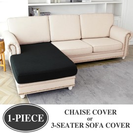 LA MEACK Couch Cushion Cover Chaise Lounge Cover Washable Separate Seat Chaise Couch Cover Stretch Sectional Sofa Slipcover(1 Piece for Chaise or Sofa 3-Seater, Black)