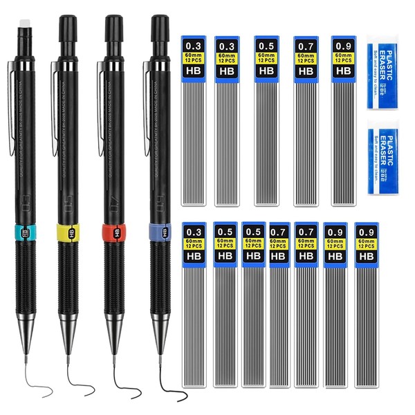 MOYWYCNO 4pcs Mechanical Pencil Set 0.3/0.5/0.7/0.9mm HB with 12 Lead