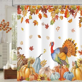 iTapnoom - Cortina de ducha de Acción de Gracias, calabazas de pavo, hojas de otoño, granja, decoración de baño, tela impermeable, 72 x 72 pulgadas con 12 ganchos