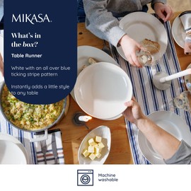 Mikasa Cotton and Linen Table Runner, White Dining Table Runner with Navy Stripe, 230 x 34cm | Natural Table Runner for Rustic Dining, Machine Washable