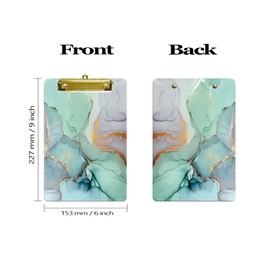 Hnogri Small Plastic Clipboard, Fashion Design A5 Size Memo Clipboards for Students, Kid, Women, Office, School, Low Profile Clip, Cute Custom Pattern, Mini Clipboard Size 6" x 9", Green Marble