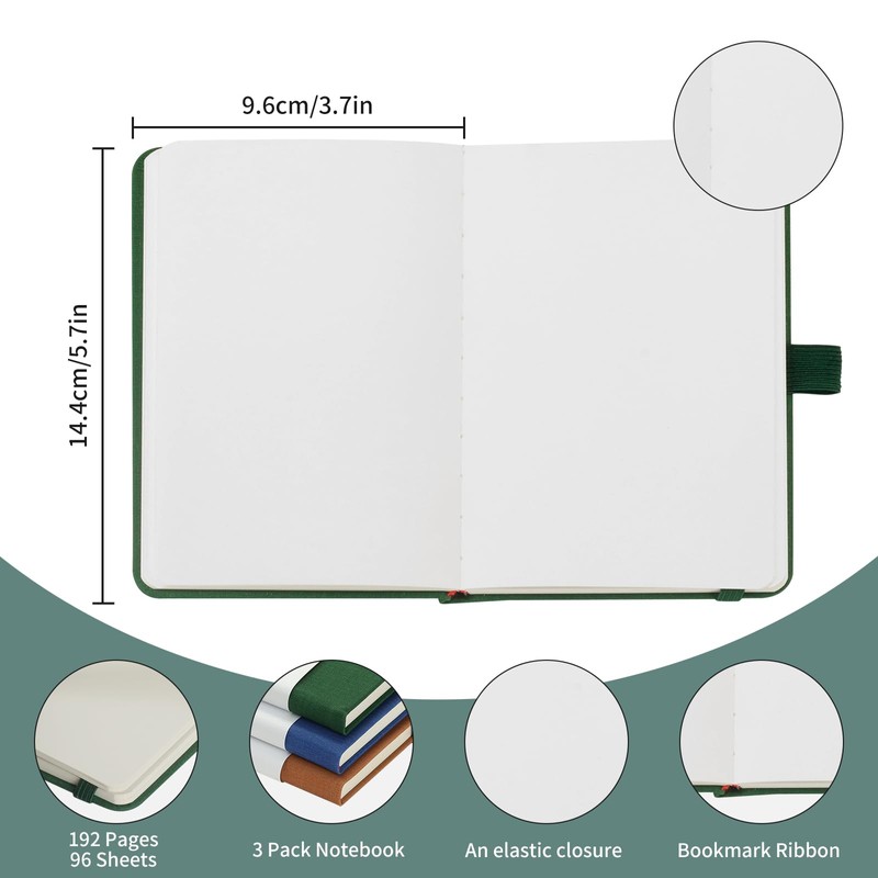 HOMEMARS Notebook A6, pack of 3, notebook A6 blank, 14.4