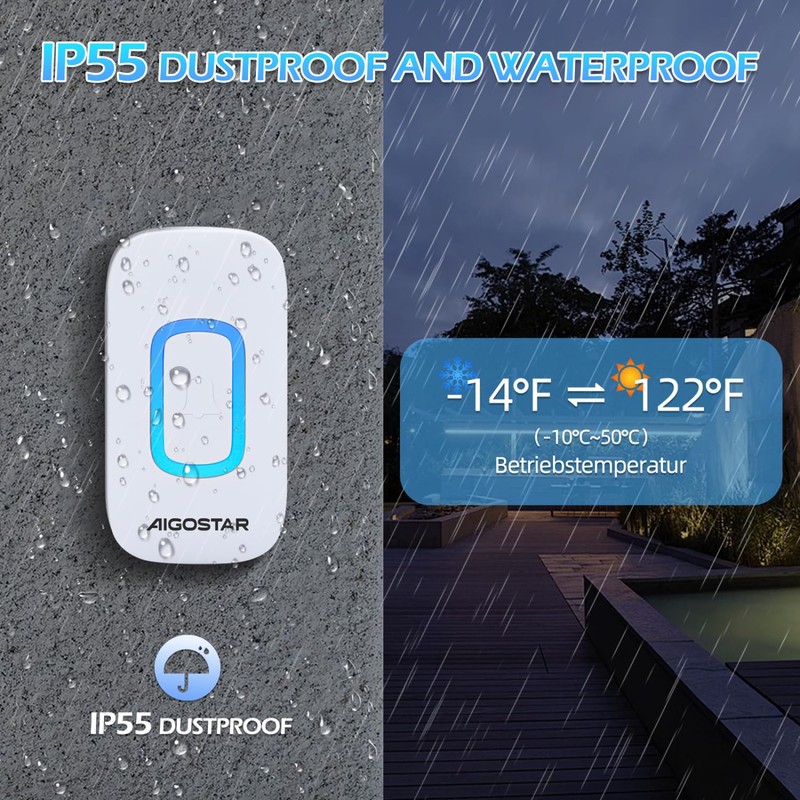 Aigostar Wireless Bell with RGB Light, IP55 Waterproof Outdoor Door