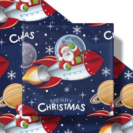 RUSPEPA Space Santa Christmas Wrapping Paper Roll for Boys Girls, Mini Roll, Santa in Rocket with Snowflake Galaxy Background, Fun Gift Wrap for Kids and Teens Holiday Gifts, 17 Inches x 16.4 Feet