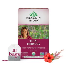 Organic India Tulsi Hibiscus Herbal Tea - Holy Basil, Stress Relieving & Gratifying, Immune Support, Adaptogen, Vegan, USDA Certified Organic, Non-GMO, Caffeine-Free - 18 Infusion Bags, 1 Pack