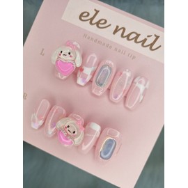 [EL Innail] Pink Ribbon Puppy Ice Parts Handmade Nail Tip - Short Nose Pin / [이엘이네일] 핑크리본강아지 얼음파츠수제네일팁 - 숏코핀