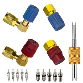 R12 to R134A AC Fitting Conversion Adapter Kit, R12 to R134a Quick Coupler Valve A/C 2 Straight and 2 Angled Port Retrofit Adapter,High/Low Pressure with Valve Tool for AC Air Conditioner System