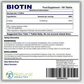 Biotin (180 Tablets) 10,000mcg per Tablet - Vitamin B7 - Hair, Skin, and Nail Support - Easy to Swallow - Suitable for Vegans