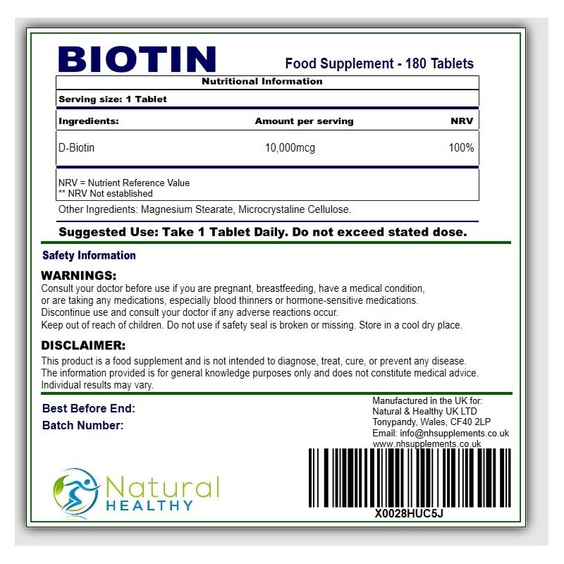 Biotin (180 Tablets) 10,000mcg per Tablet - Vitamin B7 -