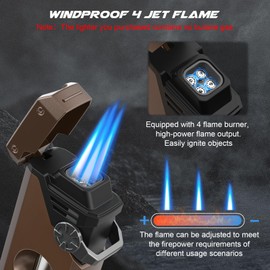 5-in-1 Torch Lighter with V Tool, Punch, Draw Enhancer Tool, Holder, and 4 Jet Flame, Gifts for Men, Adjustable & Windproof Accessories, Cool Lighter for Men, Refillable Butane Lighter for Travel