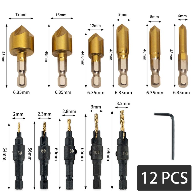 12 PCS Countersink Drill Bit Set, 6 PCS High Speed