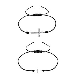 Set of 2 Bracelets with Cross Charm - 925 Sterling Silver Two Pack Set (Adjustable Length)