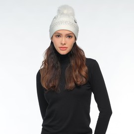 C.C Pearl Rhinestone Embellishment Beanie with Fur Pom for Women - Wool Stretchable Soft Warm with Faux Fur Pom Knit Winter Skully Hat